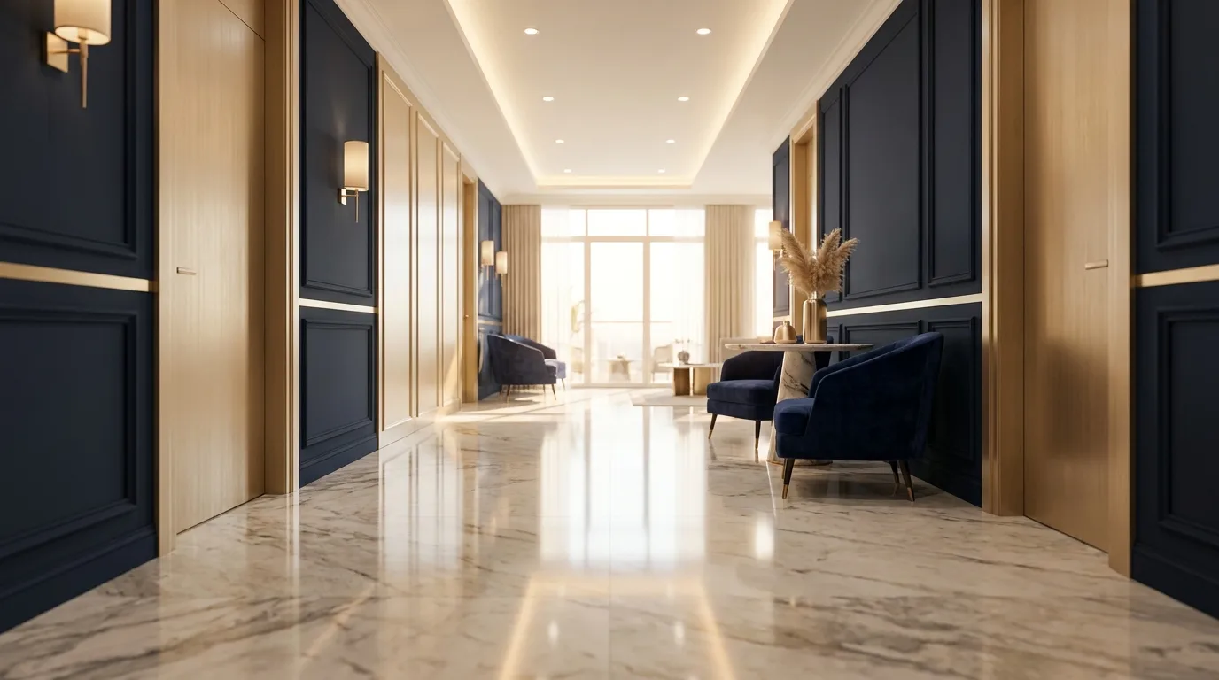 Elegant apartment corridor interior with warm lighting